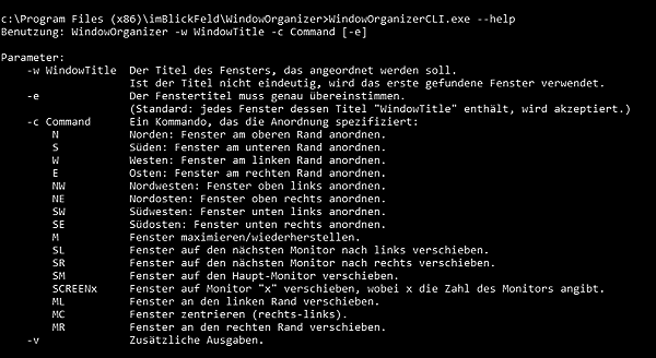 Hilfeausgabe des Kommandozeilenprogramms, mit dem auch per Kommandozeile Fenster angeordnet werden können.