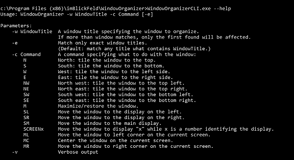 Usage output of the command line interface (CLI) to arrange windows by command line.